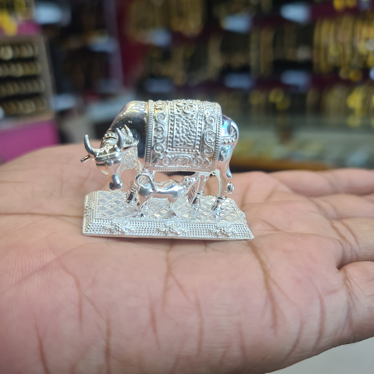 Pure Silver Kamdhenu Cow Idol - Handcrafted Sacred Gau Mata Statue