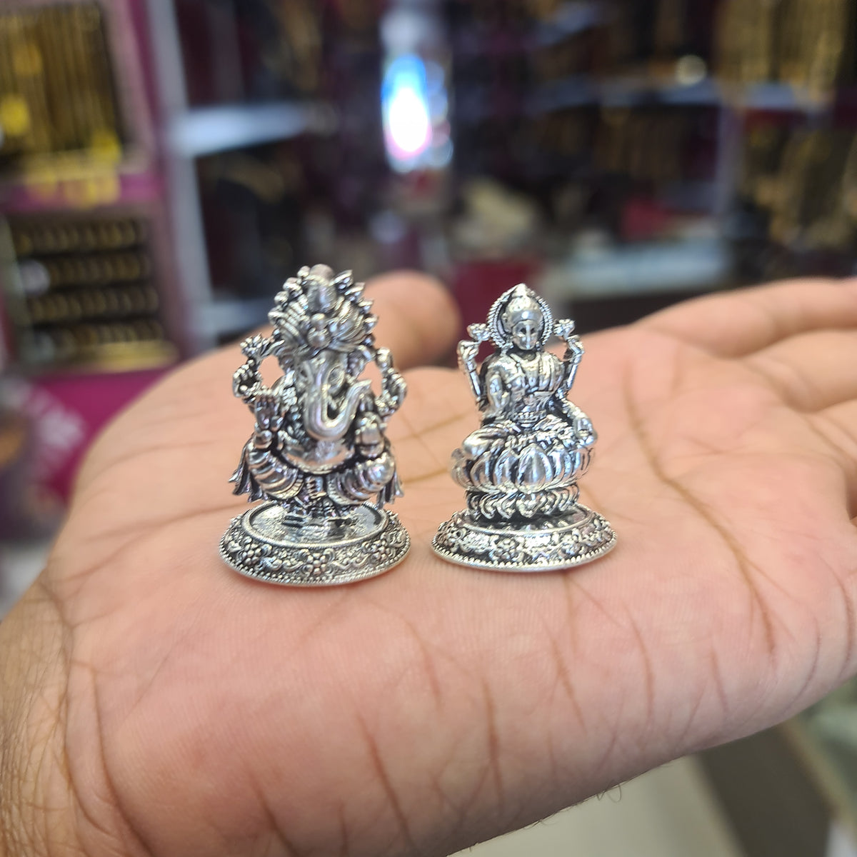 Oxidized Silver Lakshmi Ganesh Idol - Handcrafted Antique Finish Statue
