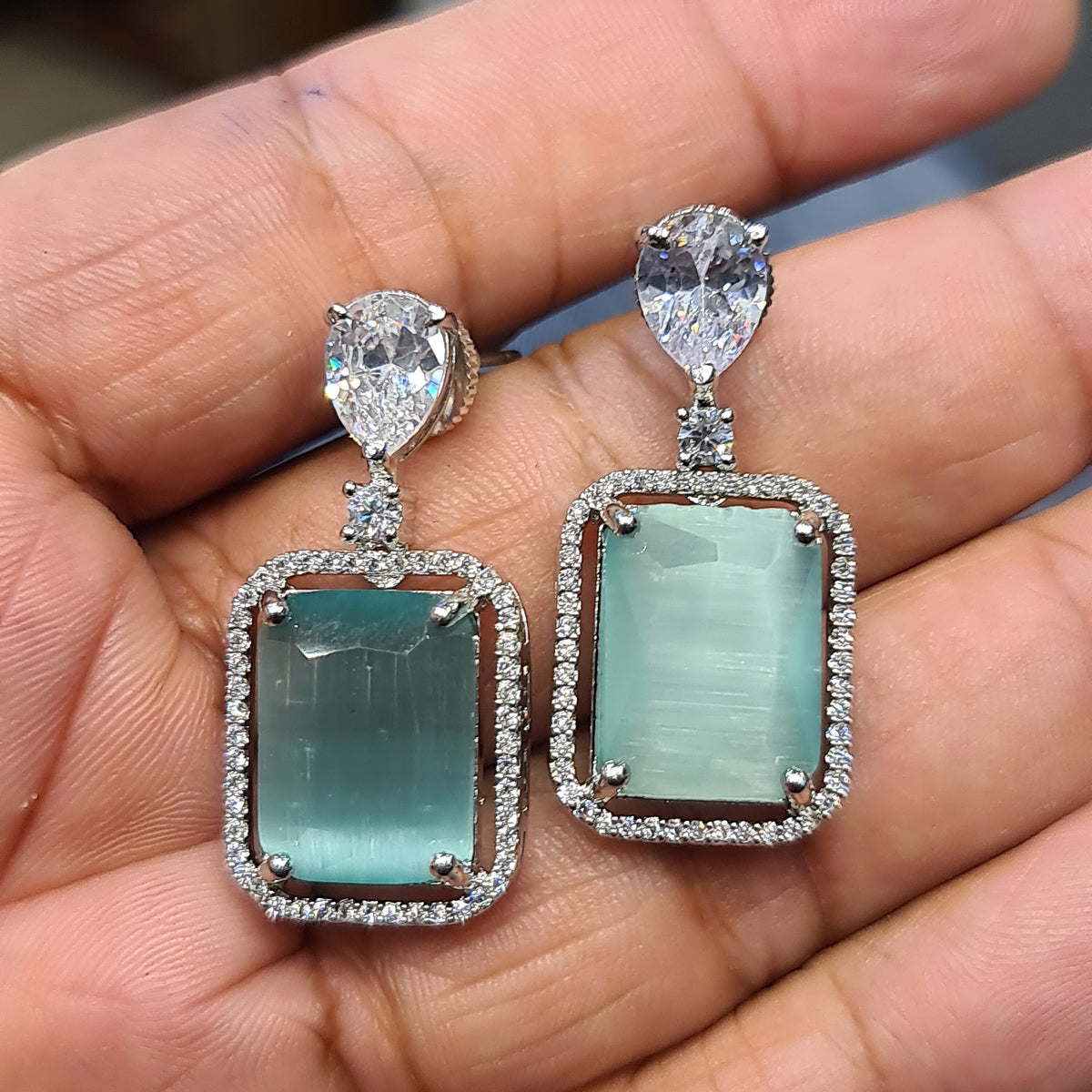 Silver Plated CZ Dangle Earrings - 4cm Drop Earrings