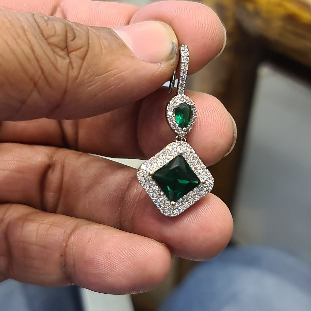 Emerald Green American Diamond Drop Earrings โ Silver Halo Danglers