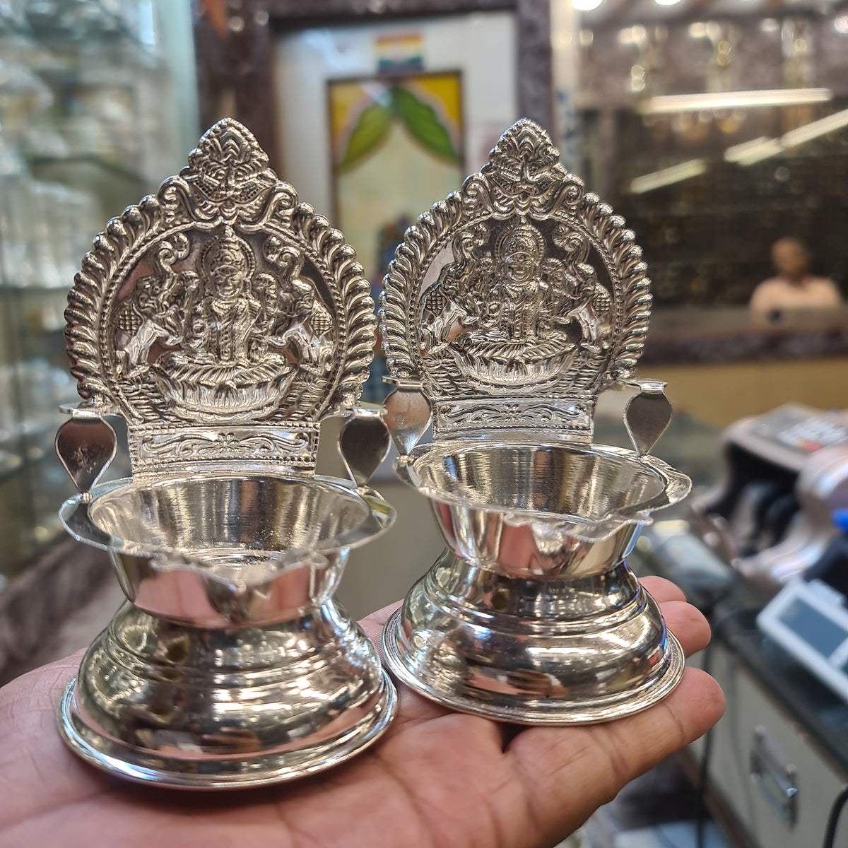 Pure Silver Kamakshi Deepam Set - 800 Purity Silver Diya for Puja (102g)