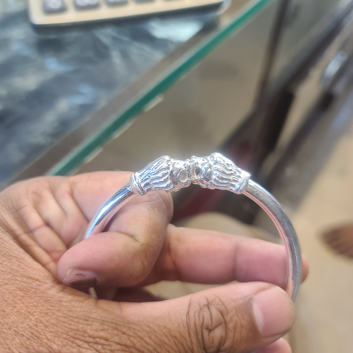 Silver Lion Face Kada Bracelet for Men - Traditional Punjabi Jewelry
