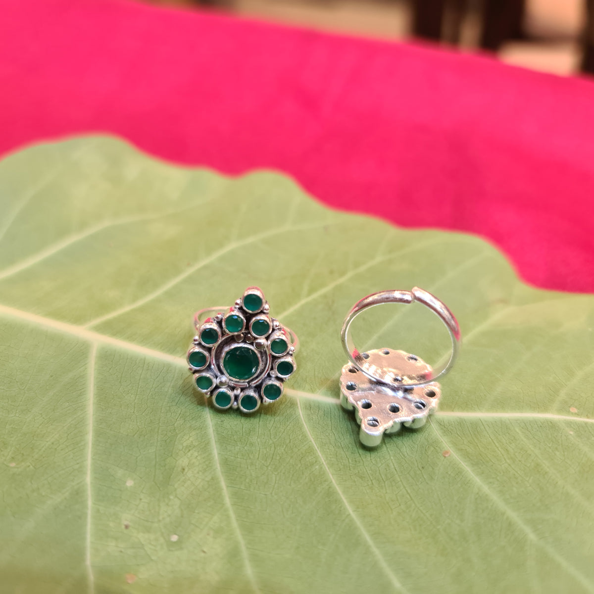 925 Sterling Silver Ruby Emerald Toe Ring - Traditional Bridal Bichiya for Women