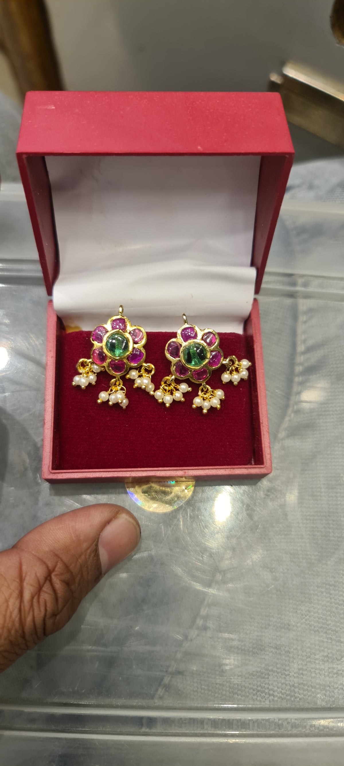 Kempu Green Center Flower Stud Earrings with Pearl Drops | 24K Gold Plated