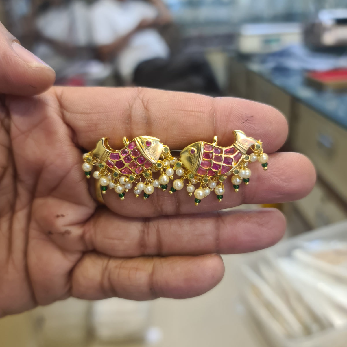 Handmade Kempu Fish Earrings | Matsya | Ruby Pink Kundan | Pearl Drops | Push Back | 3cm