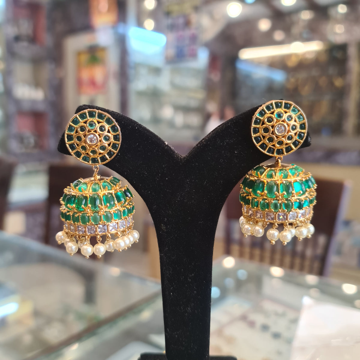 Jadau Emerald Polki Jhumka | Screw Back | Traditional Temple Jewellery