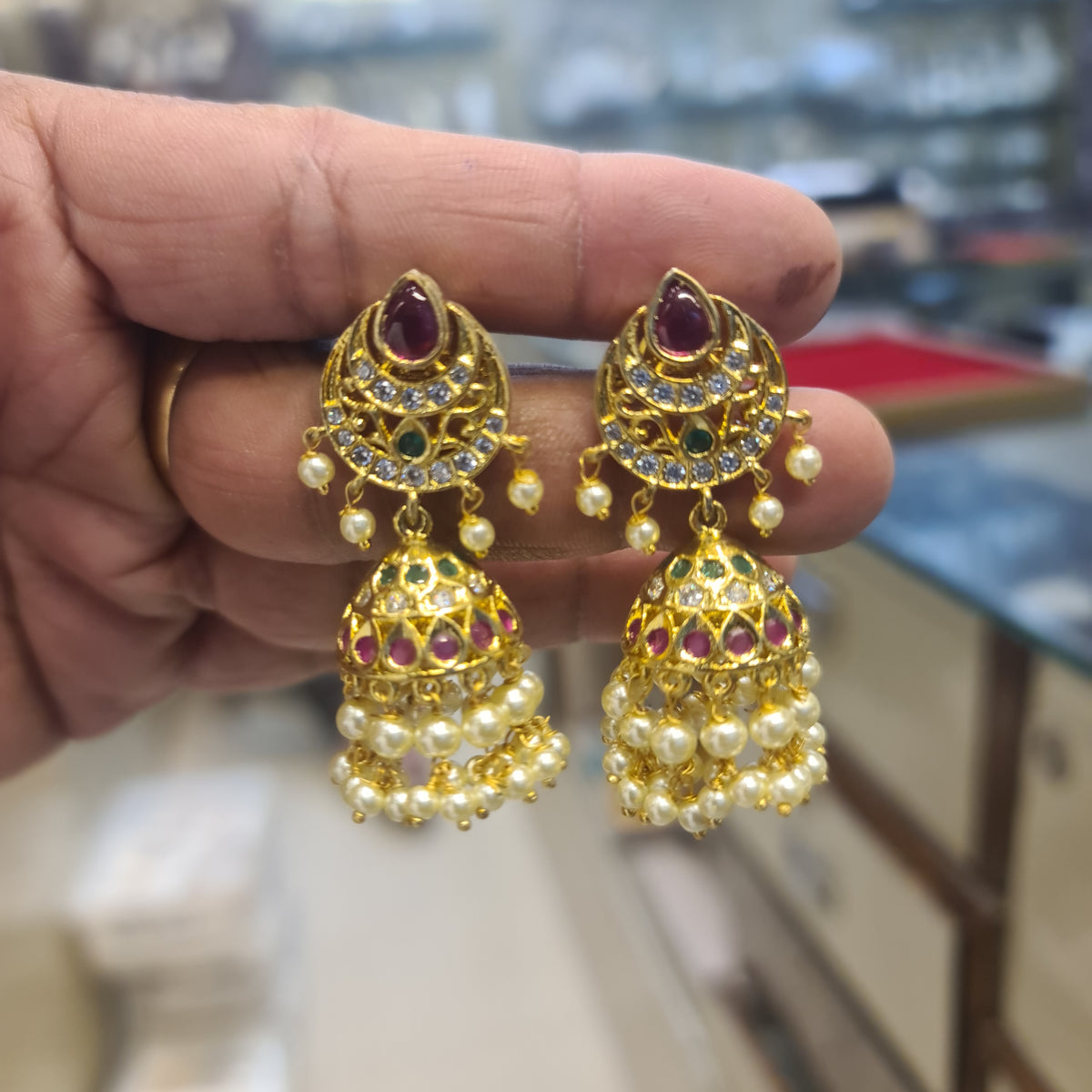 Chandbali Polki Jhumki Earrings | CZ Diamond Border | Pearl Fringe | 2 Colours
