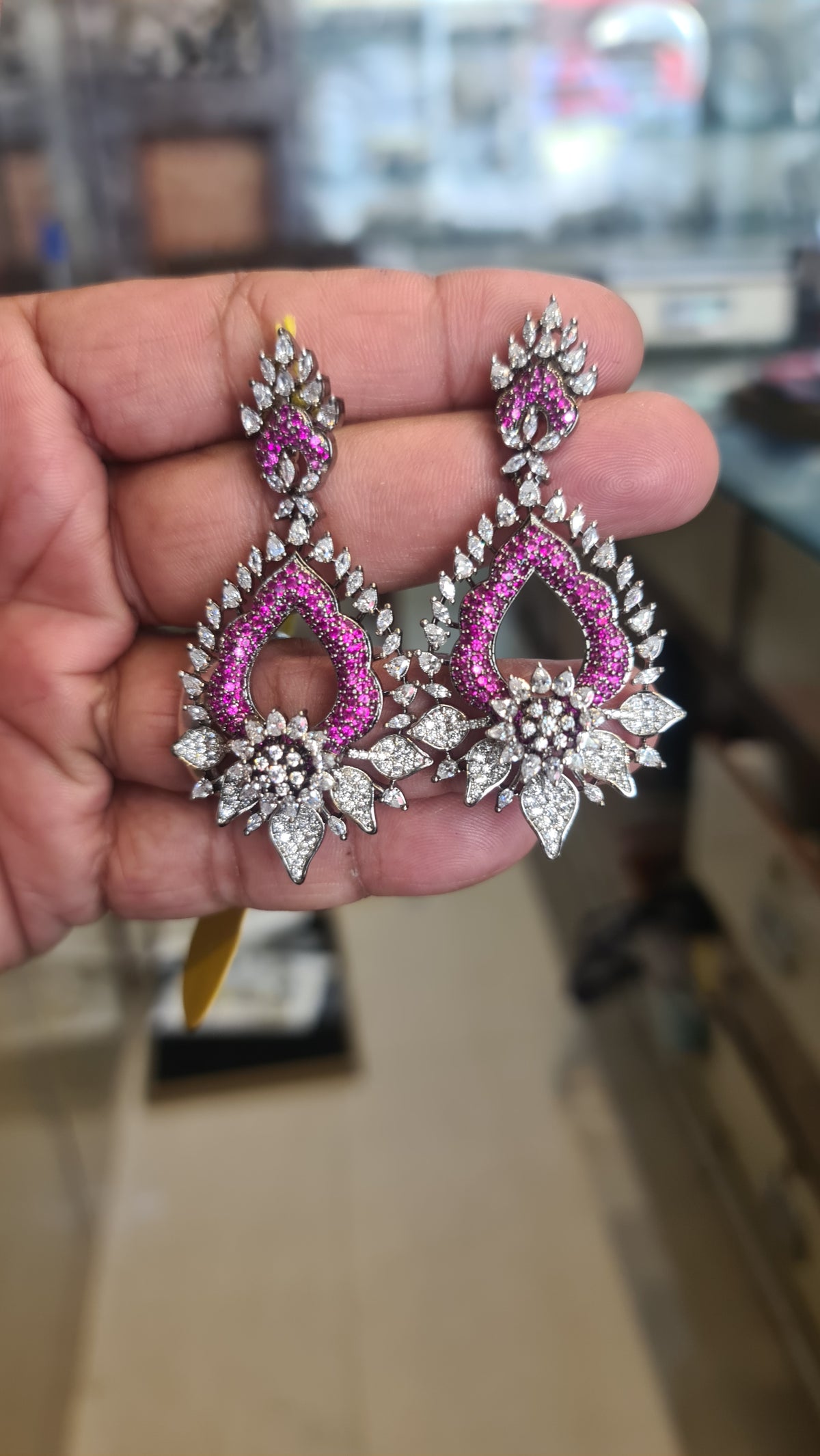 Victorian Ruby Pink CZ Chandelier Earrings | Oxidised Silver | 7cm