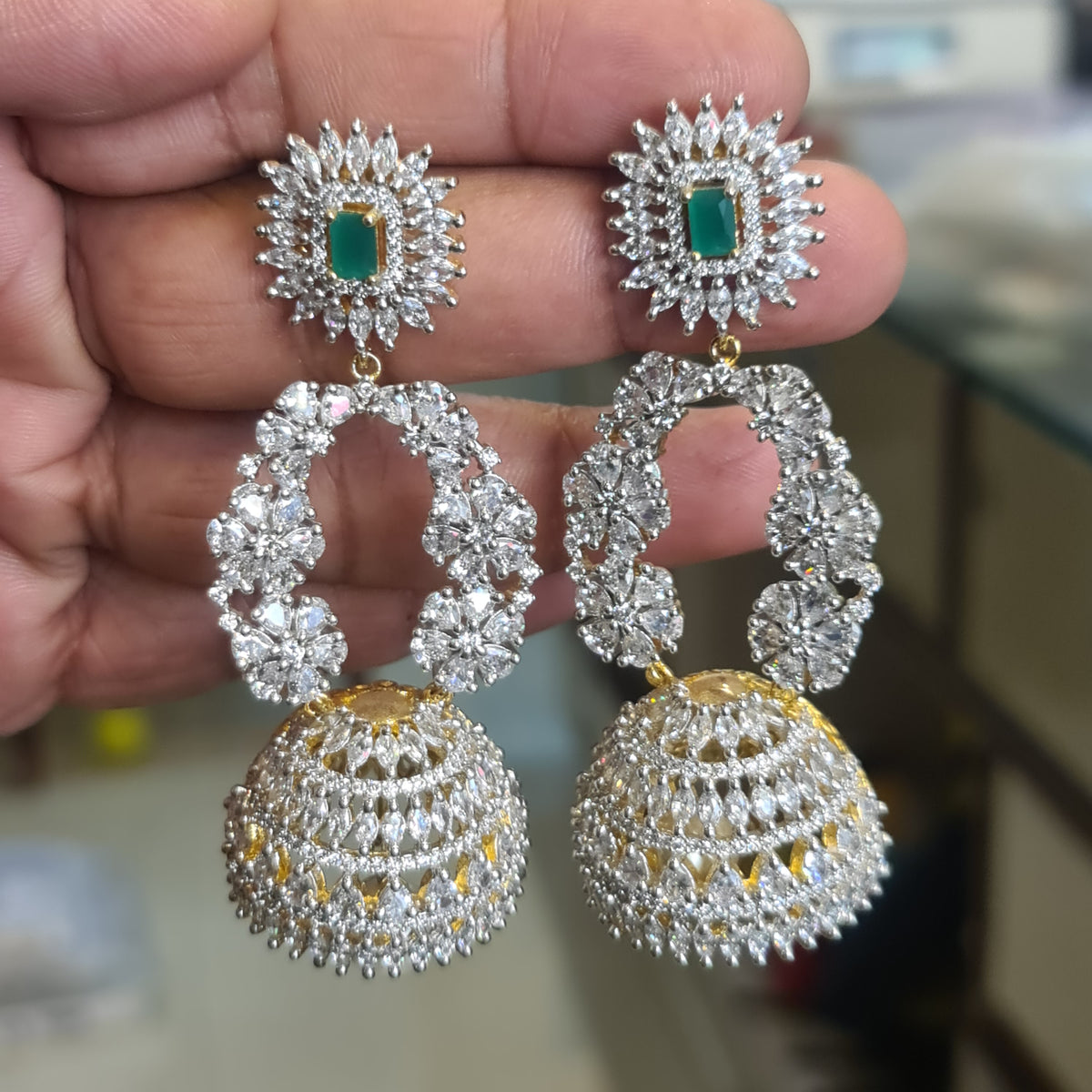 CZ Diamond Chandbali Jhumka Earrings โ Push Back | Emerald Green Stone
