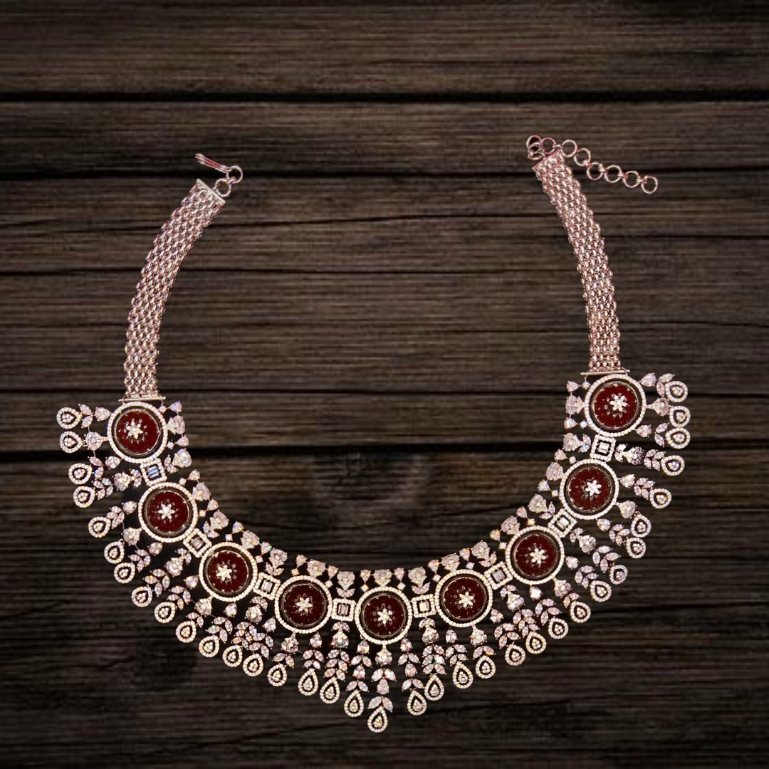 American Diamond With Carved Ruby Flower Stone Necklace Set