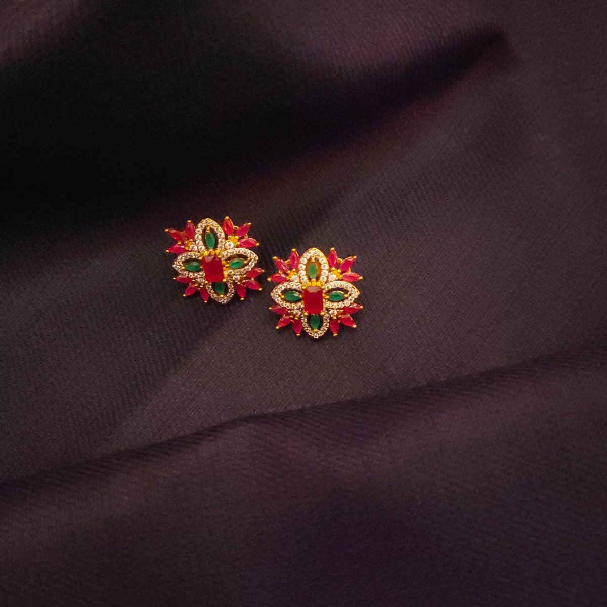 Ruby Starburst Flower Stud Earrings — CZ Diamond | Gold-Tone | Push-Back
