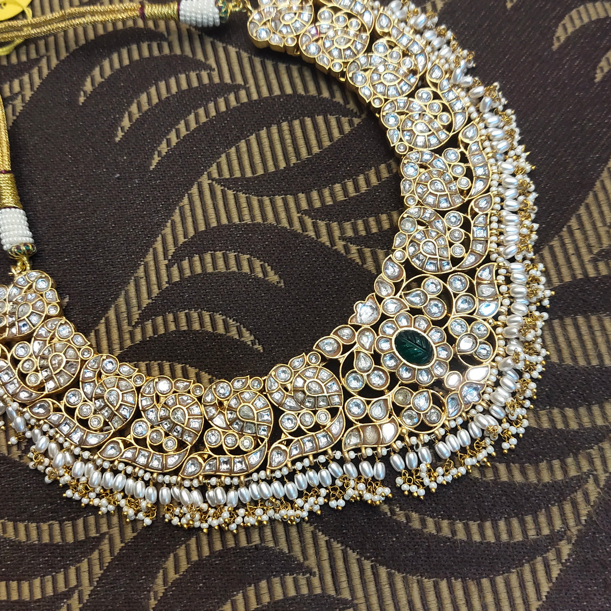Polki Diamond Necklace with Pearls - 24K Gold Plated Bridal Jewelry