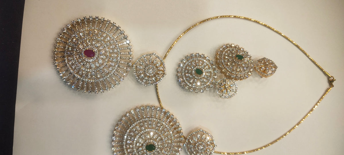 Gold Plated American Diamond Pendant Set with Earrings - 24K GJ Finish