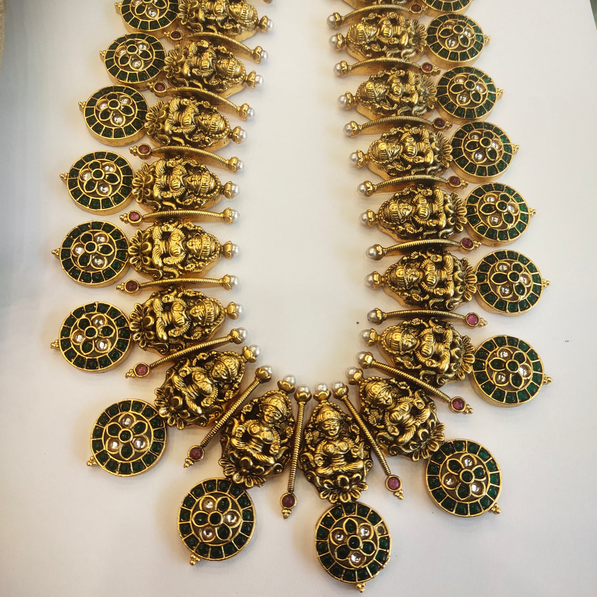 24K Gold Plated Antique Bottu Mala Necklace Set with Kundan Stones