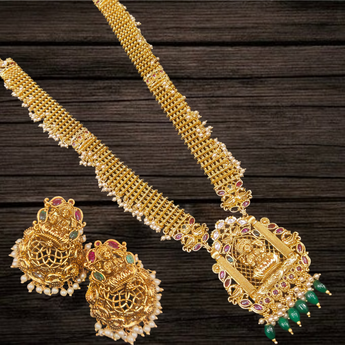 Antique Mahalakshmi Guttapusalu Haram Set with Jhumka Earrings | 24 Inches
