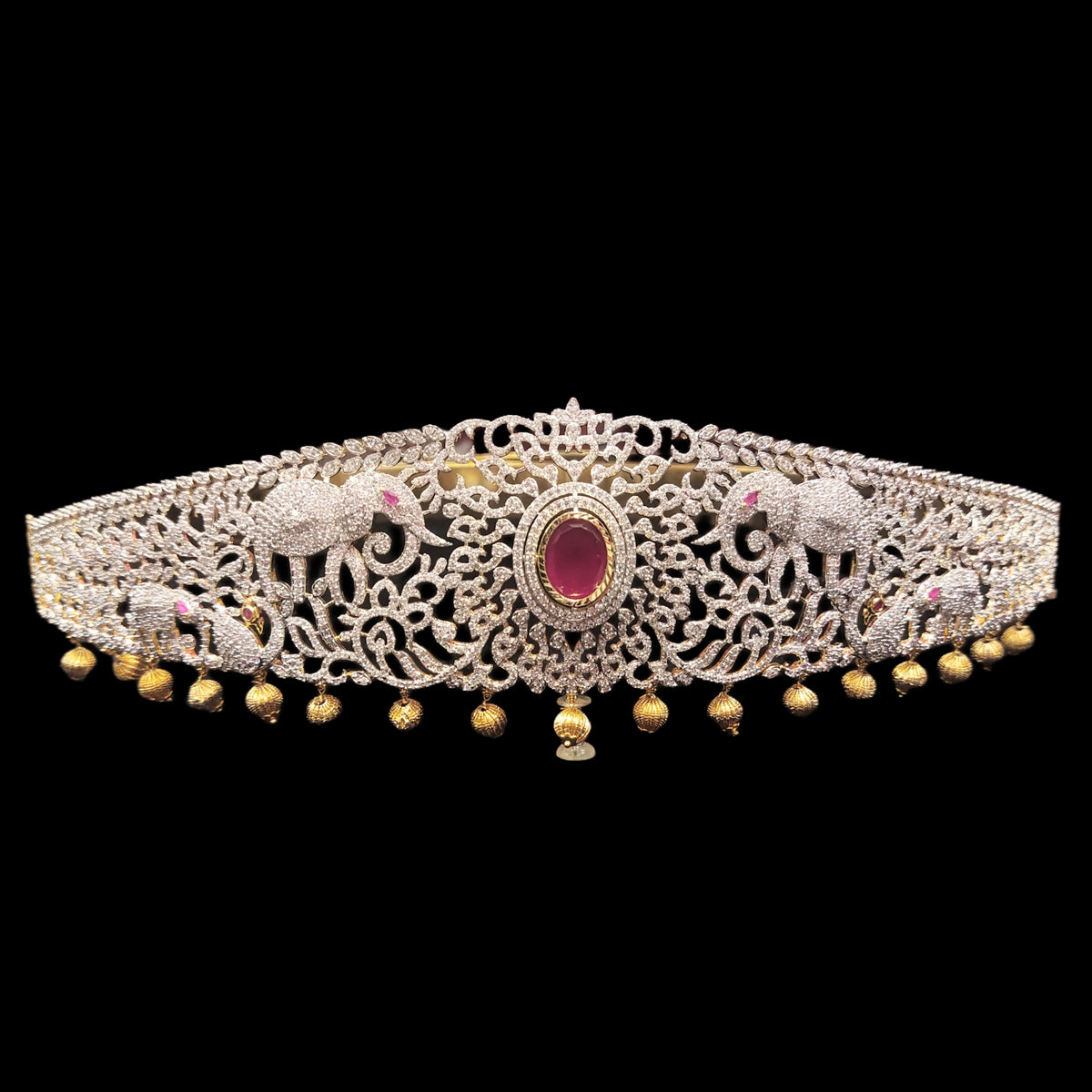 American Diamond Vaddanam - Elephant Peacock Ruby 24K Gold Belt