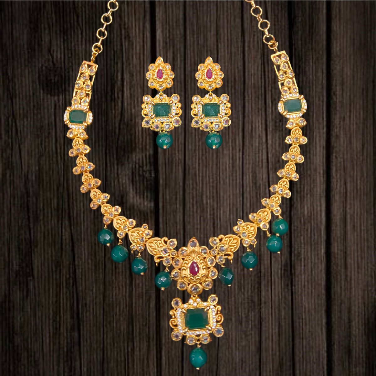 24K Gold Plated Uncut Diamond Necklace Set with Ruby Emerald - Polki AD Jewelry