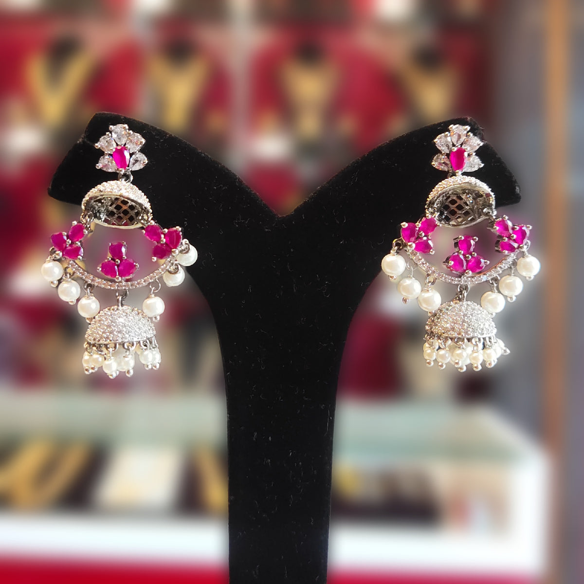 Victorian Ruby Chandbali Jhumka Earrings with CZ & Pearl Drops | Oxidised Silver