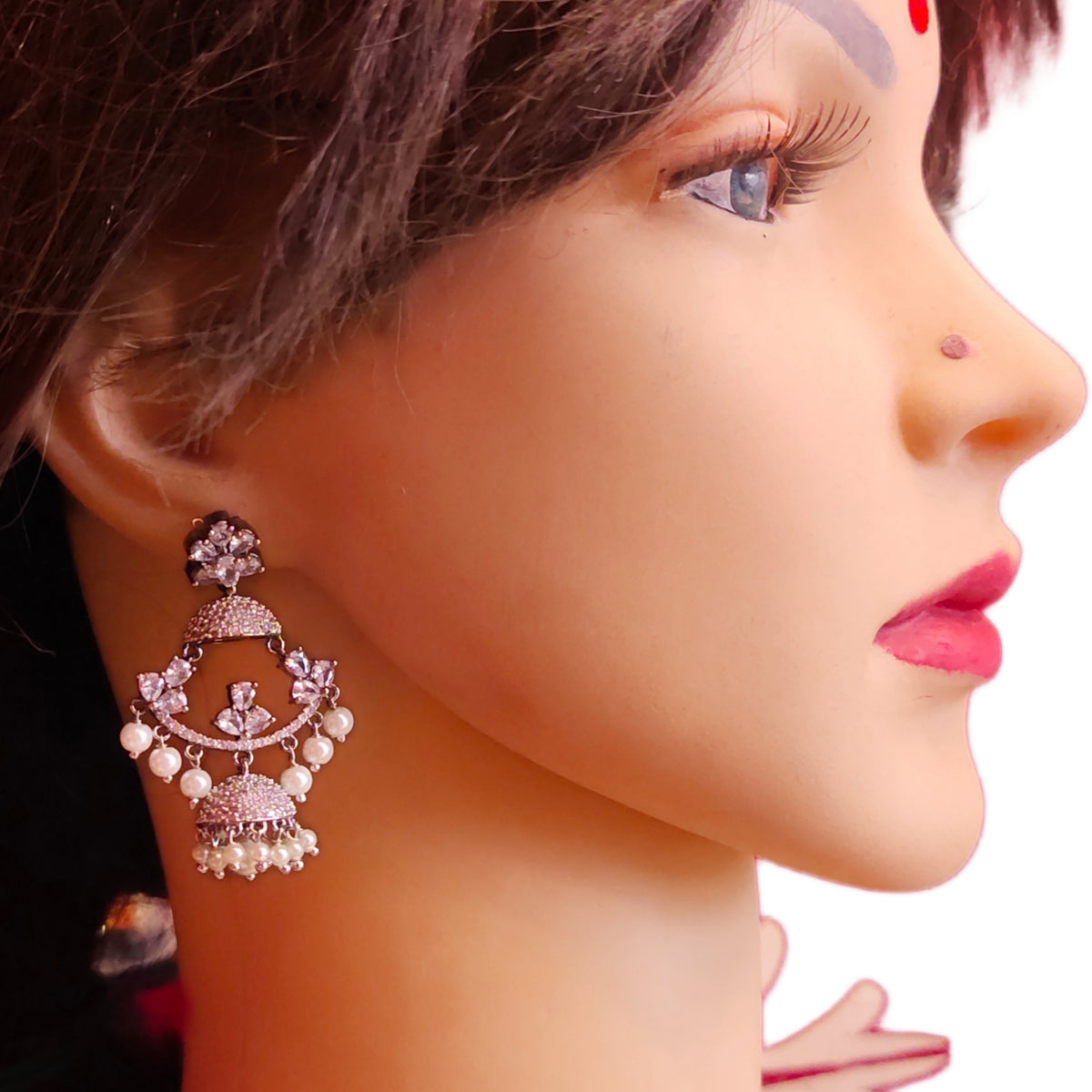 Victorian White American Diamond Chandbali Earrings with Pearl Drops | Black Oxidised Finish