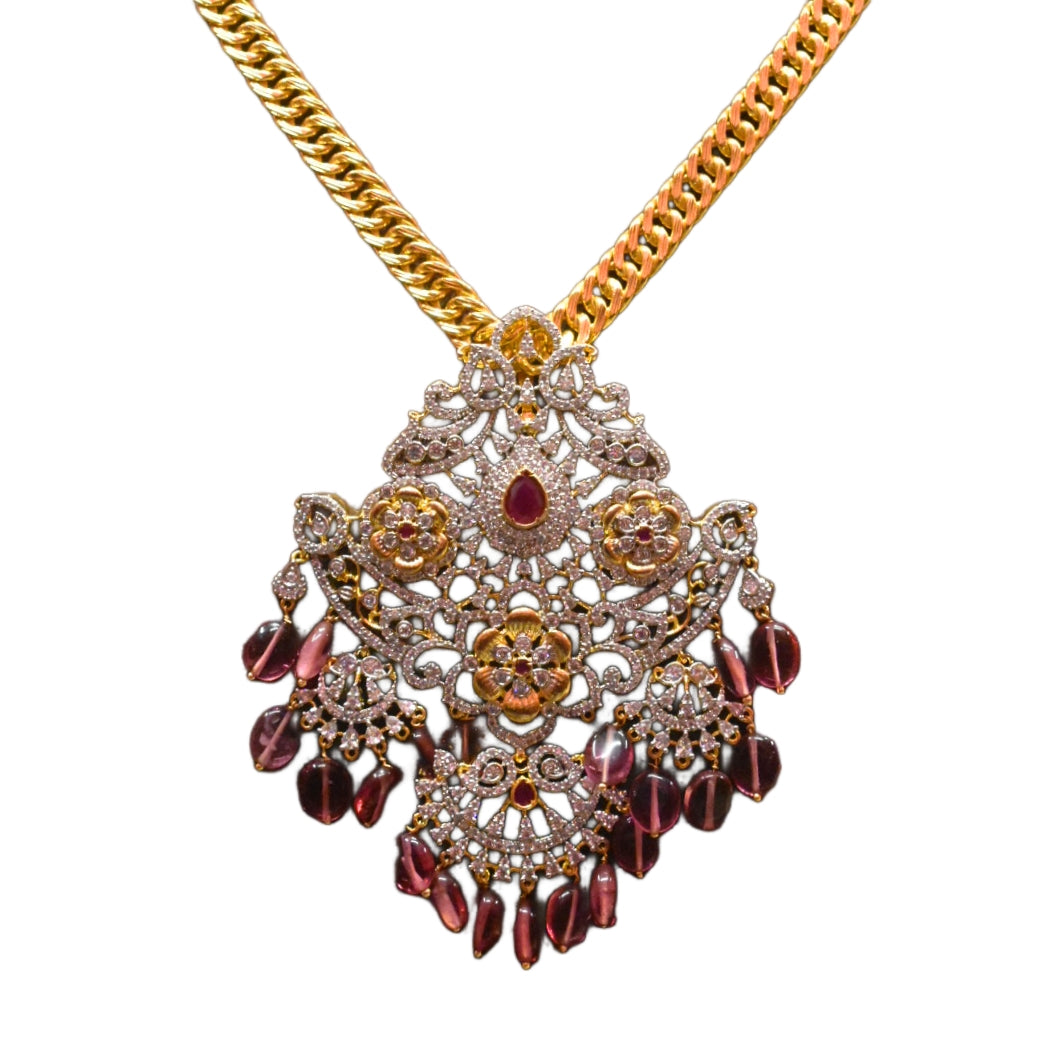 American Diamond Pendant Chain Set - 28 Inch Long Necklace with Earrings