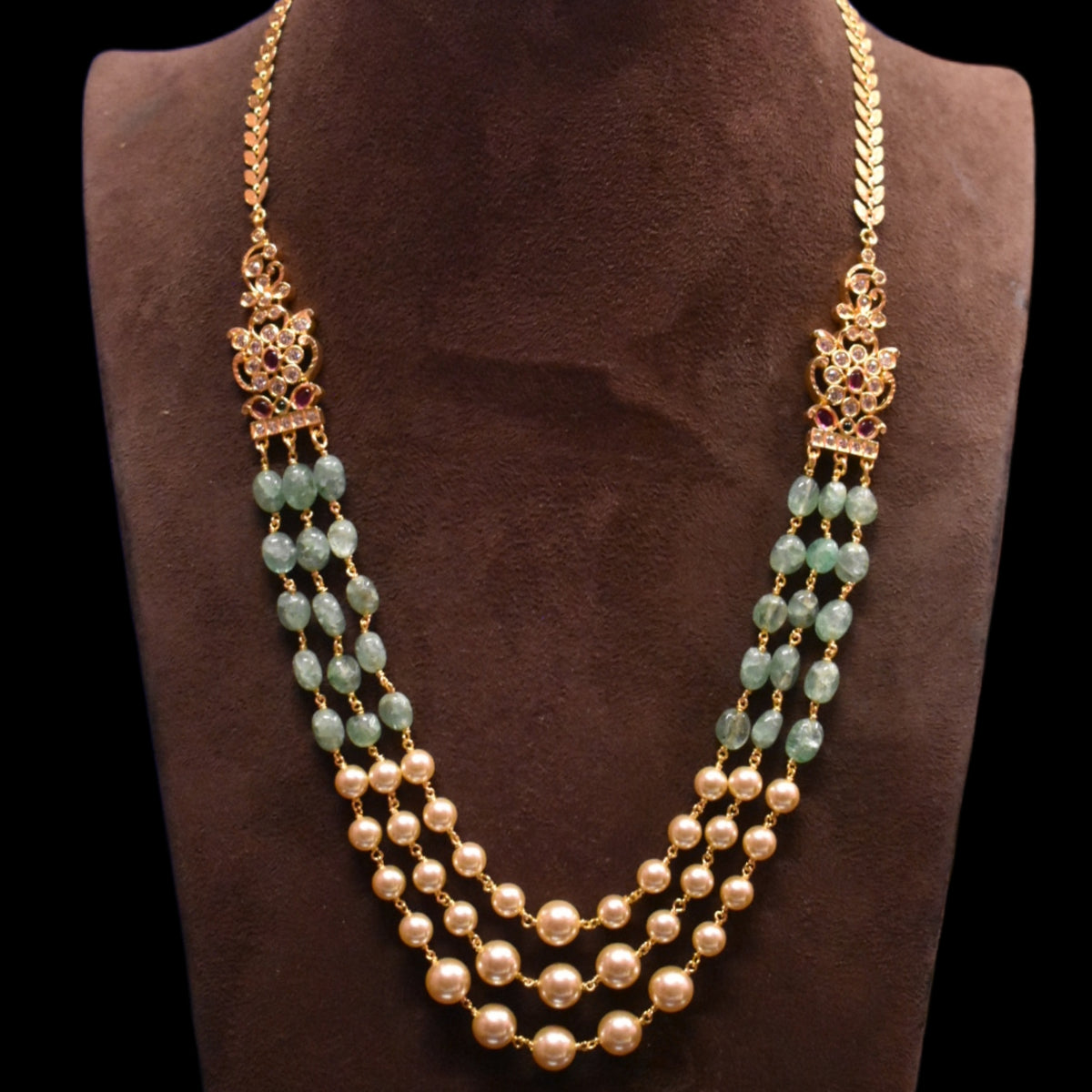 Three-Layer Pearl & Emerald Necklace with CZ Brooches โ 24K Gold Plated
