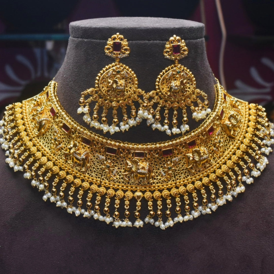 Antique Elephant Kemp Pearl Choker Set - Traditional Bridal Jewellery