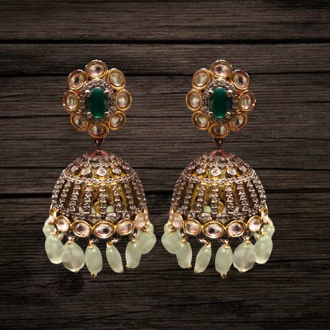 Victorian Kundan Jhumka Earrings with Moissanite & Jade Drops | 24K Gold Finish