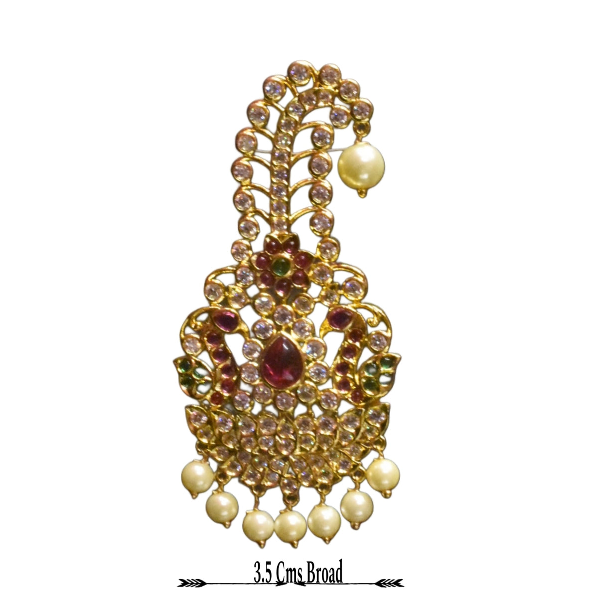 Asp Zircon Kalangi For Groom - 24K Gold Plated Turban Brooch with Pearl Hangings