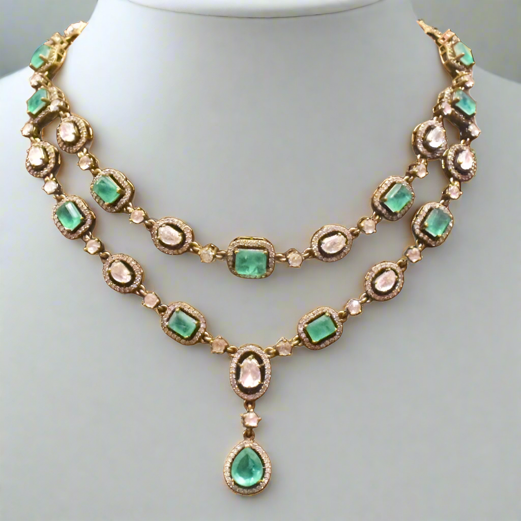 Asp Victorian Green Emeralds Polki Kundan Necklace Set