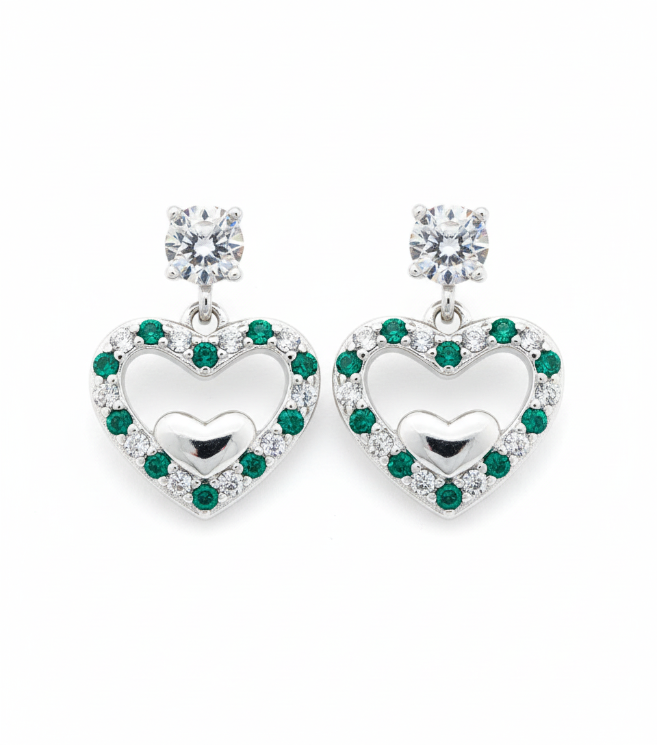 925 Silver Heart Earrings with Green and Clear Crystals