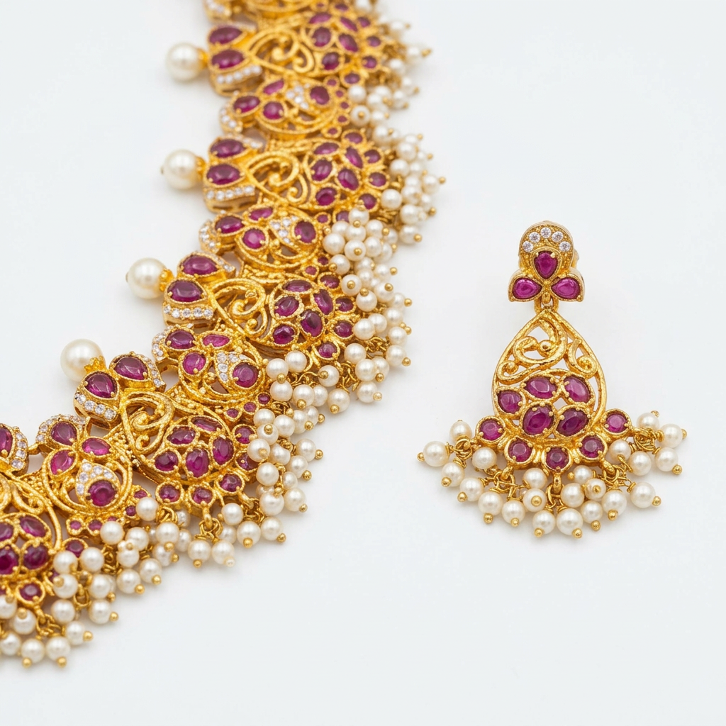 Close-up of Kempu Guttapusalu motifs and white bead clusters
