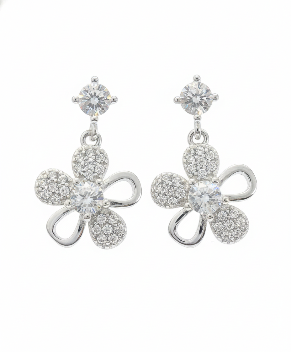 925 Silver Bow Flower Earrings with Crystal Studs