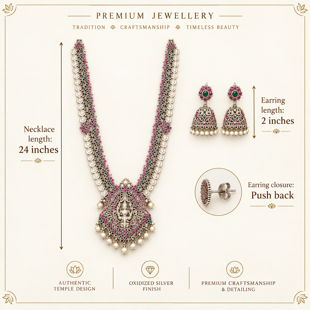 Oxidized Lakshmi long haram product specifications showing 24 inch necklace, 2 inch earrings, and push back closure