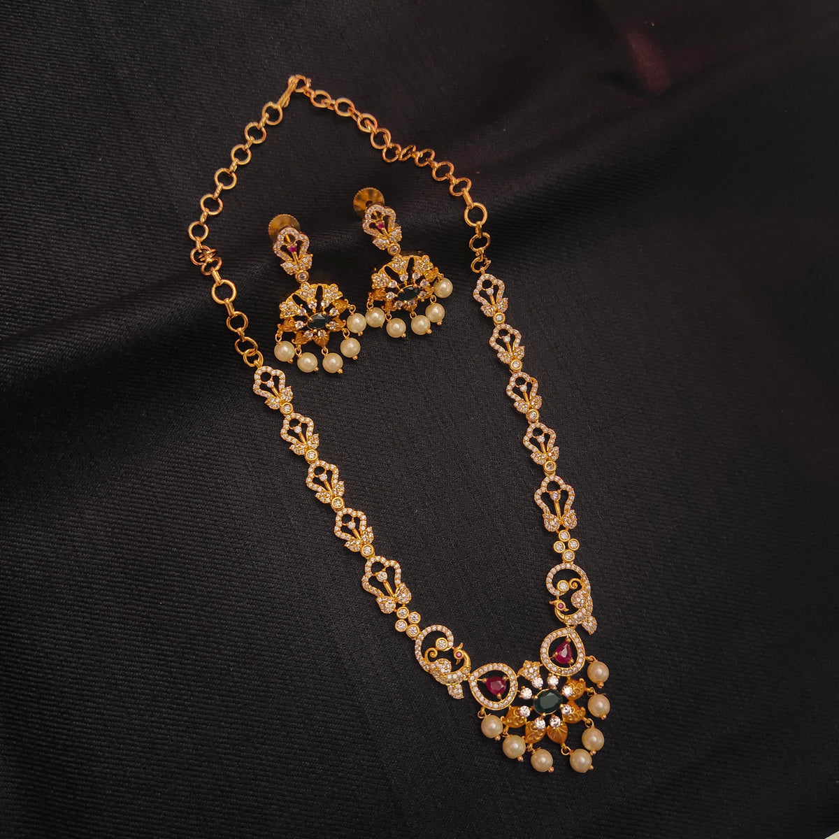 24K Gold Plated CZ Pearl Necklace Set with Earrings - Elegant Zircon Jewelry