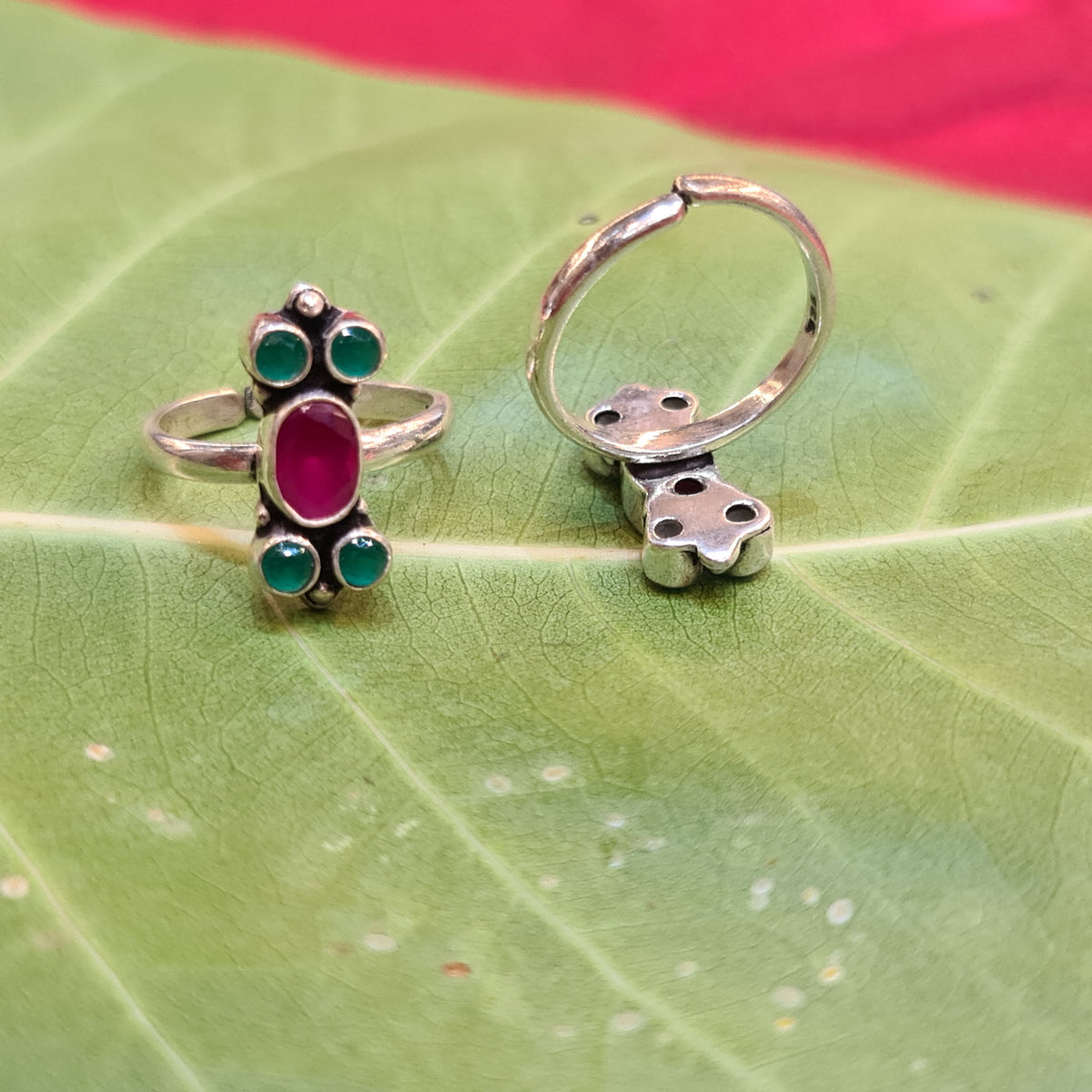 925 Sterling Silver Ruby Emerald Toe Rings - Premium Gemstone Bichiya 6.8g