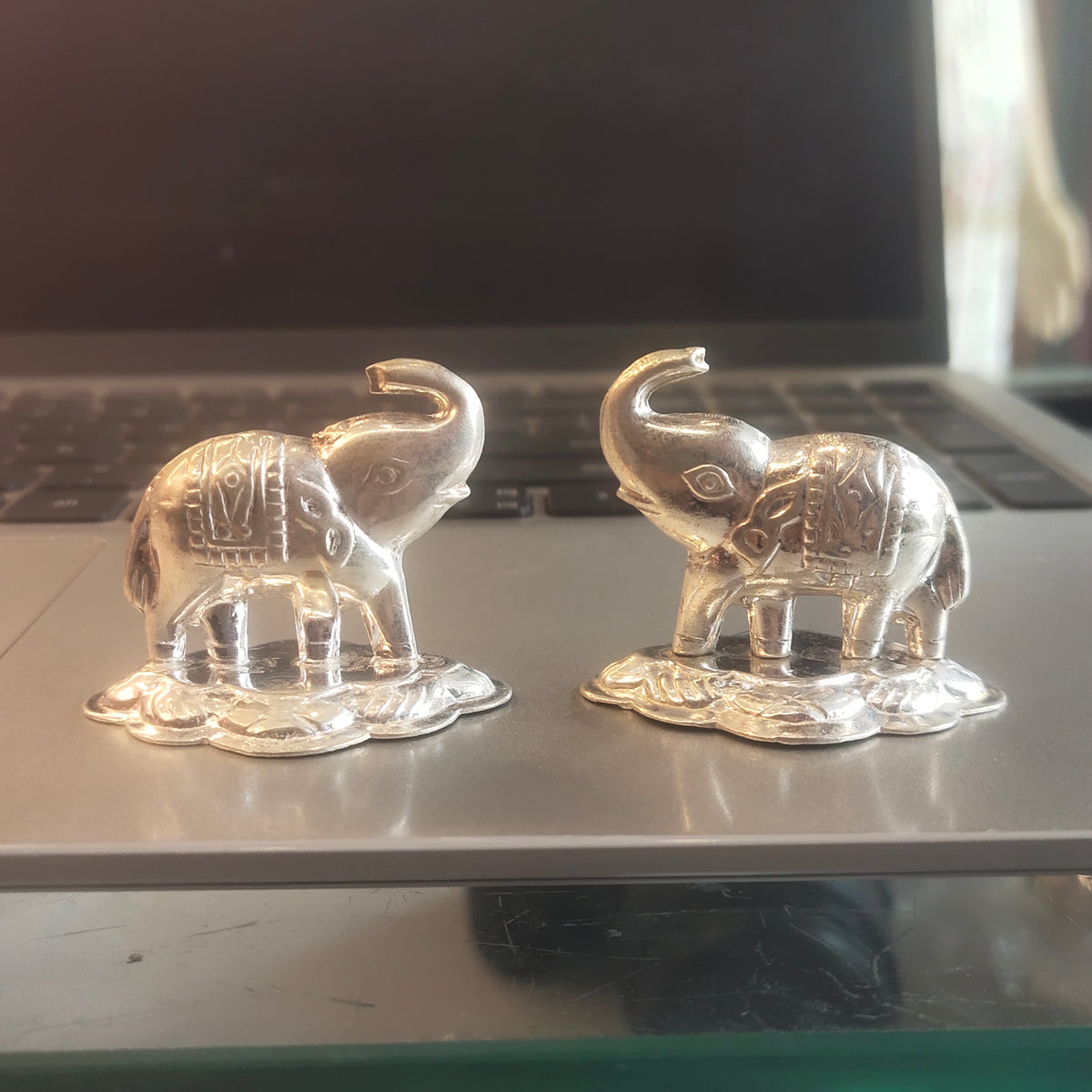 Silver Elephant Pair Figurine Set (Trunk Up)