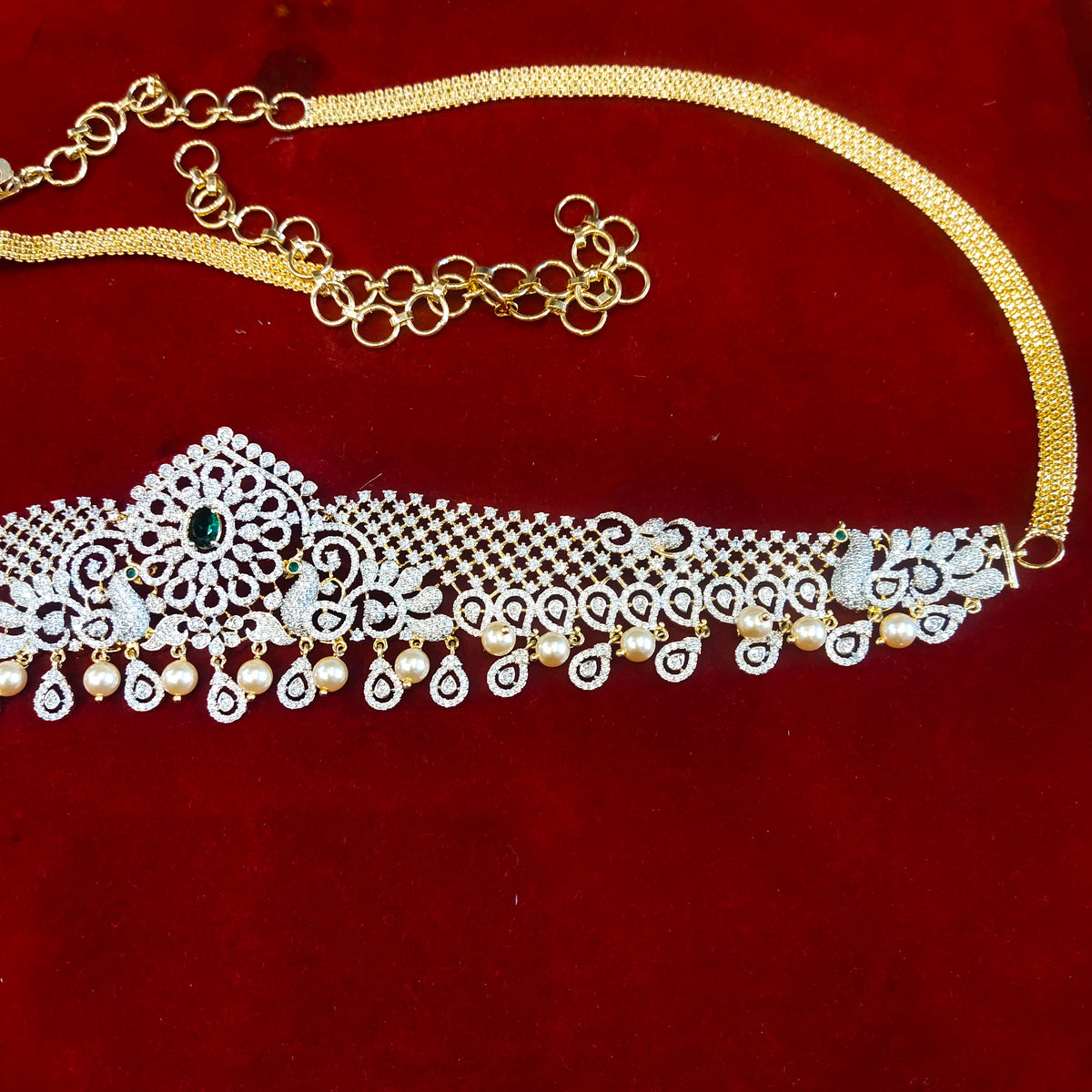 Zircon Rhodium-Gold Double Tone Diamond Look Chain Vaddanam for Bride