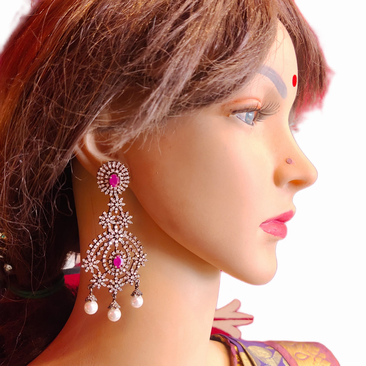 Victorian Ruby American Diamond Chandelier Earrings with Pearl Drops | Black Oxidised Finish