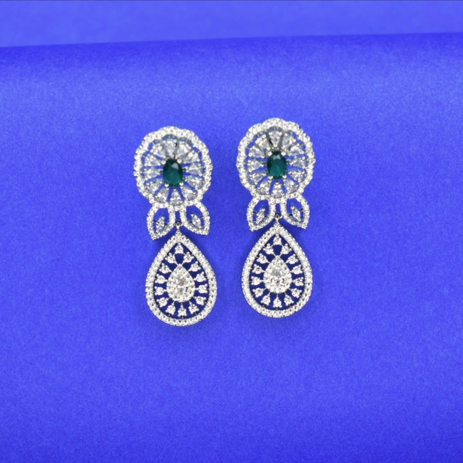 American Diamond Drop Earrings - Silver Rhodium Plated 4cm