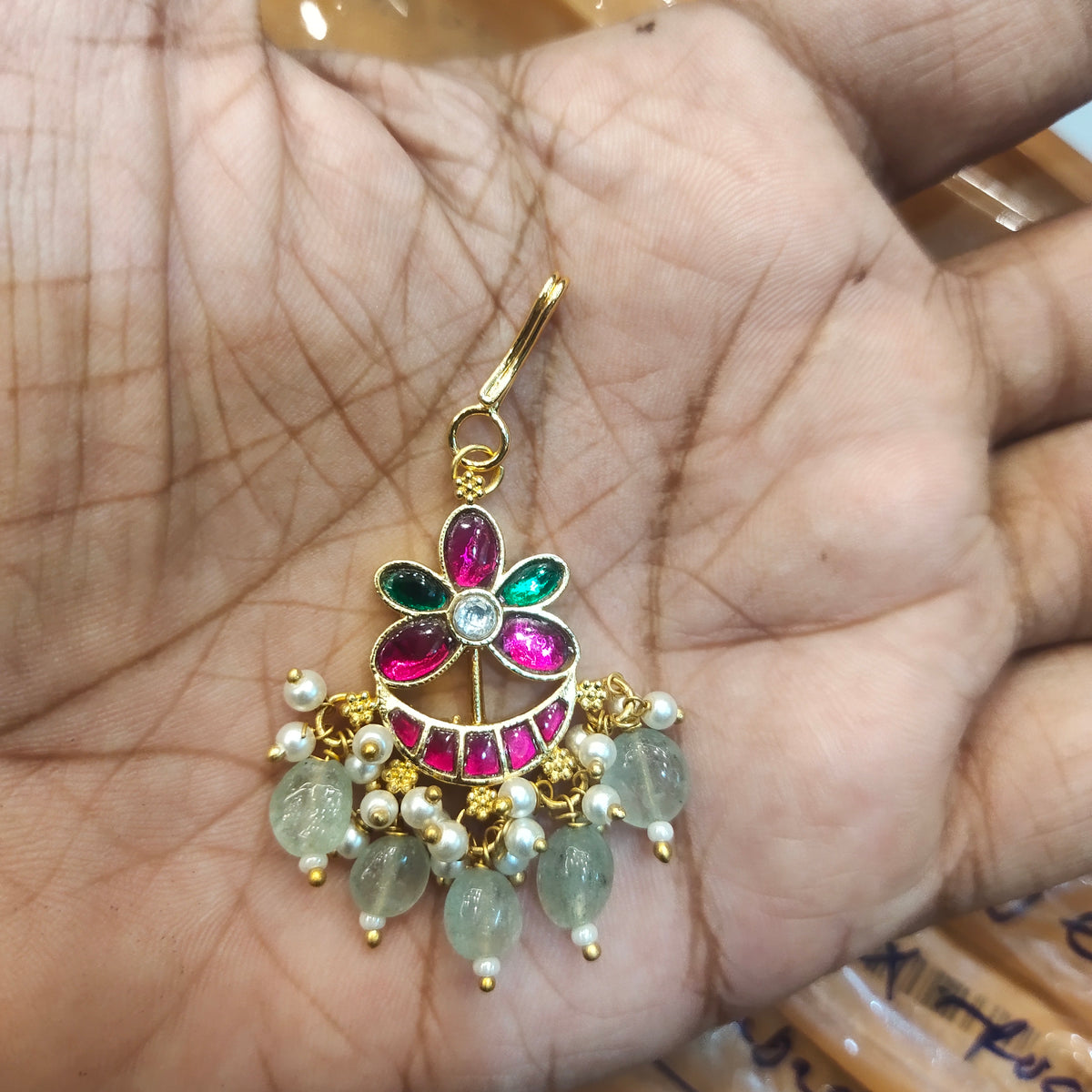 Premium Gold Plated Jadau Kundan Maang Tikka with Sparkling Crystal Drops - Luxury Bridal Jewelry