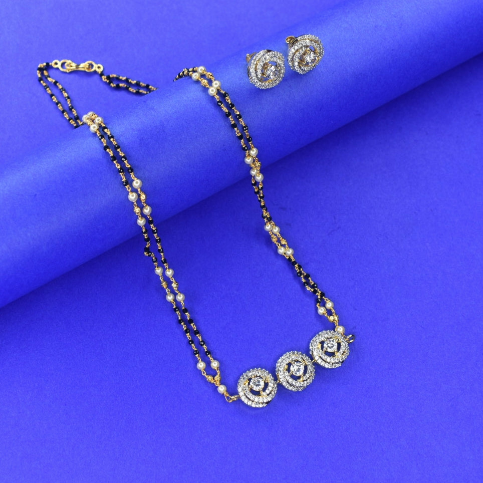 18-Inch American Diamond Mangalsutra Chain with Earrings | 24K Gold Plated Set