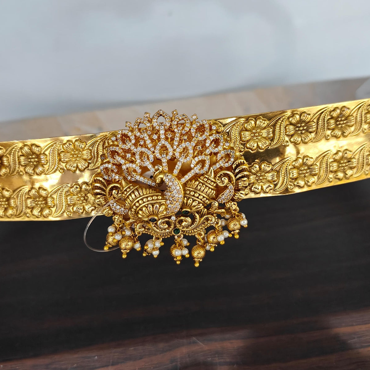 Traditional Temple Peacock Vaddanam with CZ Stones - 24K Gold Plated