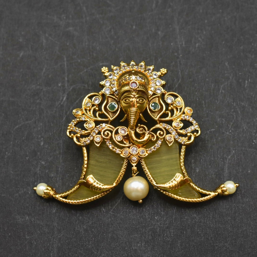 Antique Lord Ganesha Puligoru Locket for Men - Tiger Nail with Zircon Stones