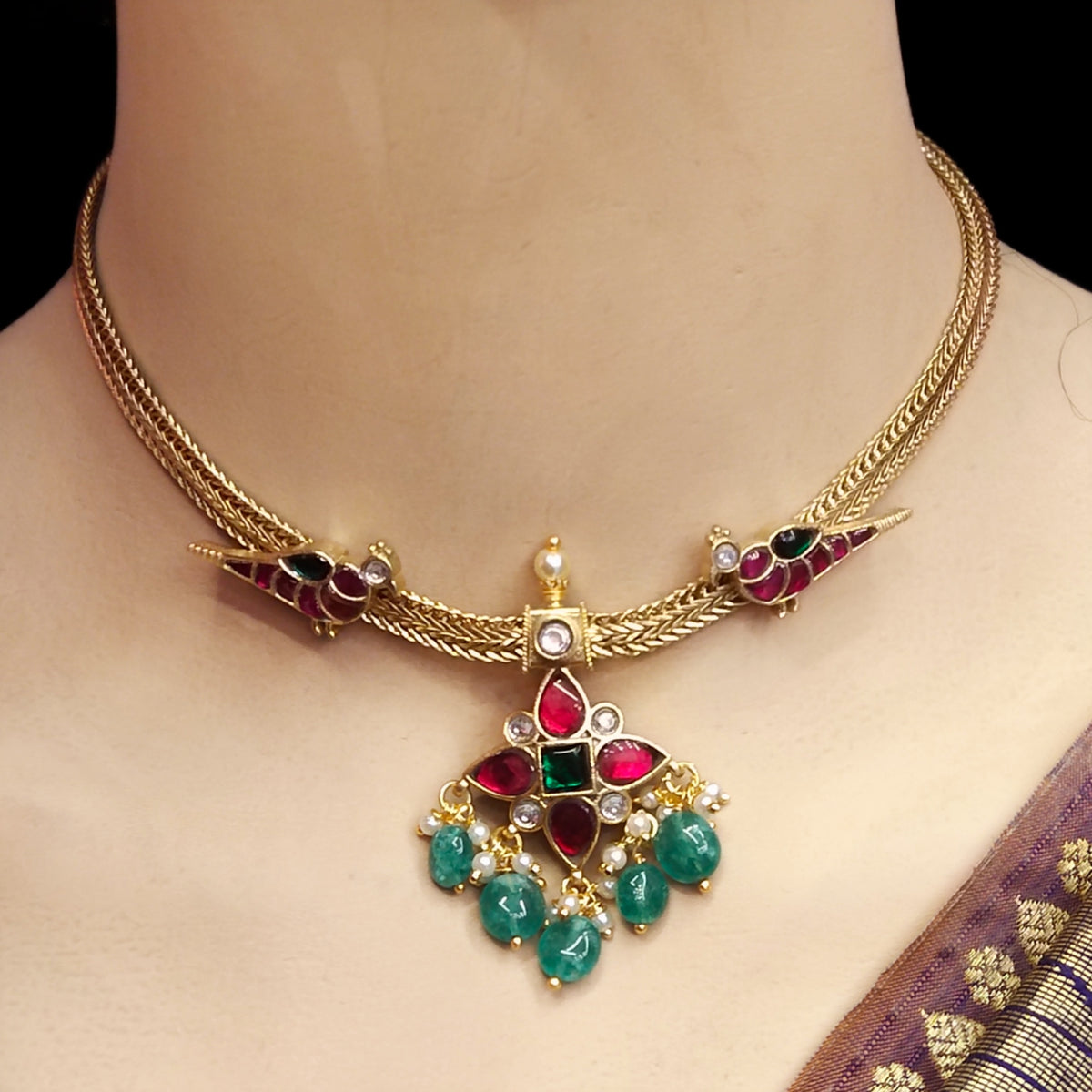 Jadau Kundan Real Kemp Short Necklace Set | Premium Bridal Jewelry by Asp