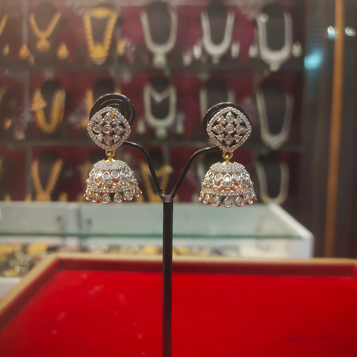 Diamond Look Rhodium Gold Plated Square Top Jhumka Earrings