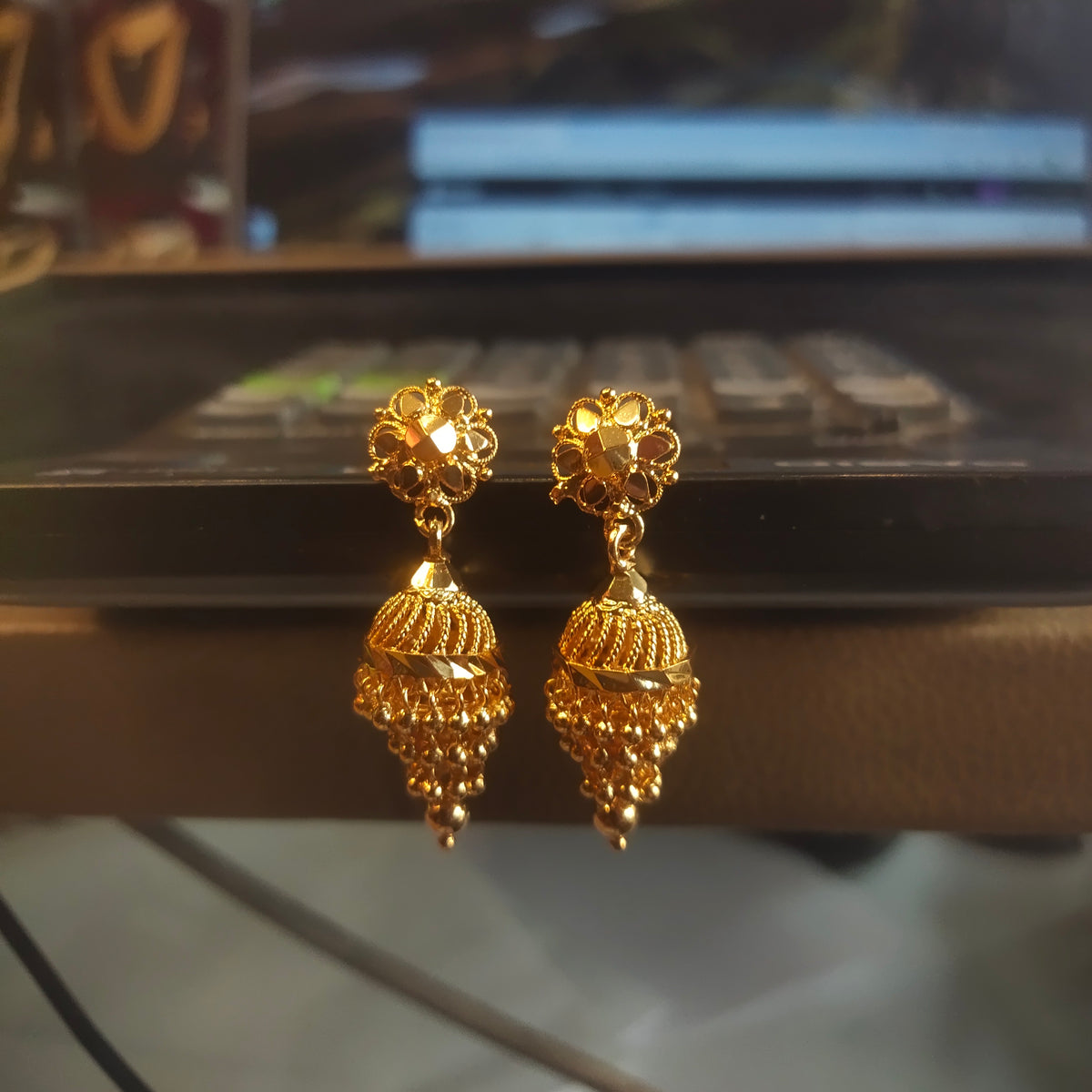 Gold Plated Ribbed Bell Jhumka Earrings with Bead Fringe | Traditional Indian Jewelry