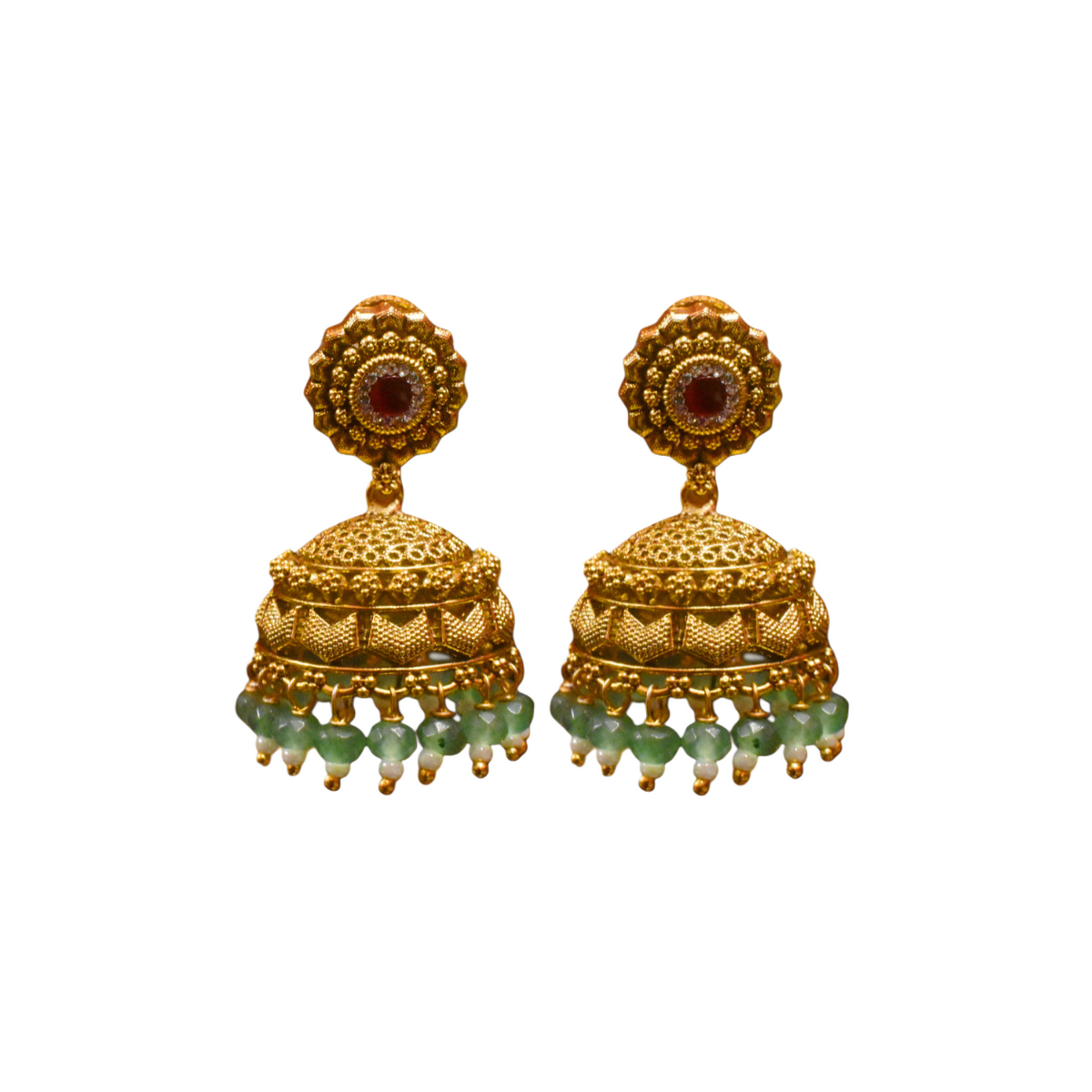 Antique Zircon Jhumka Earrings with Green Beads | Traditional Temple Jewellery