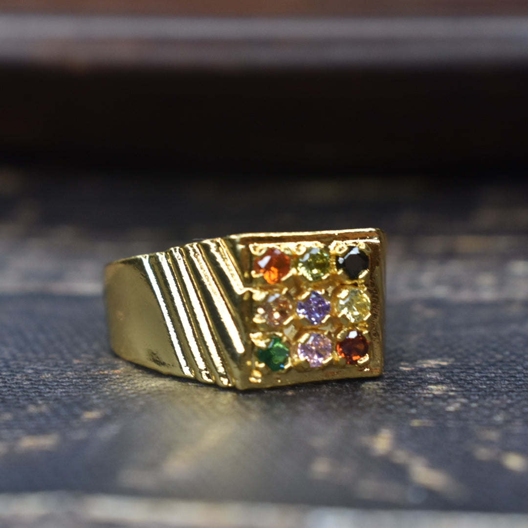 Navratna Ring for Men - 24K Gold Plated Nine Gemstone Silver Ring