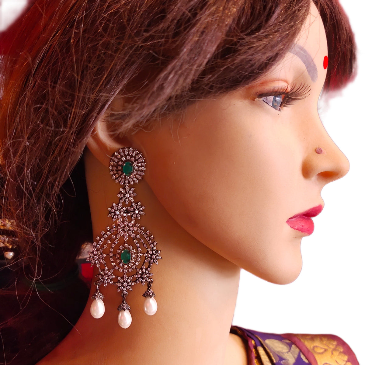Victorian Green American Diamond Chandelier Earrings with Pearl Drops | Black Oxidised Finish