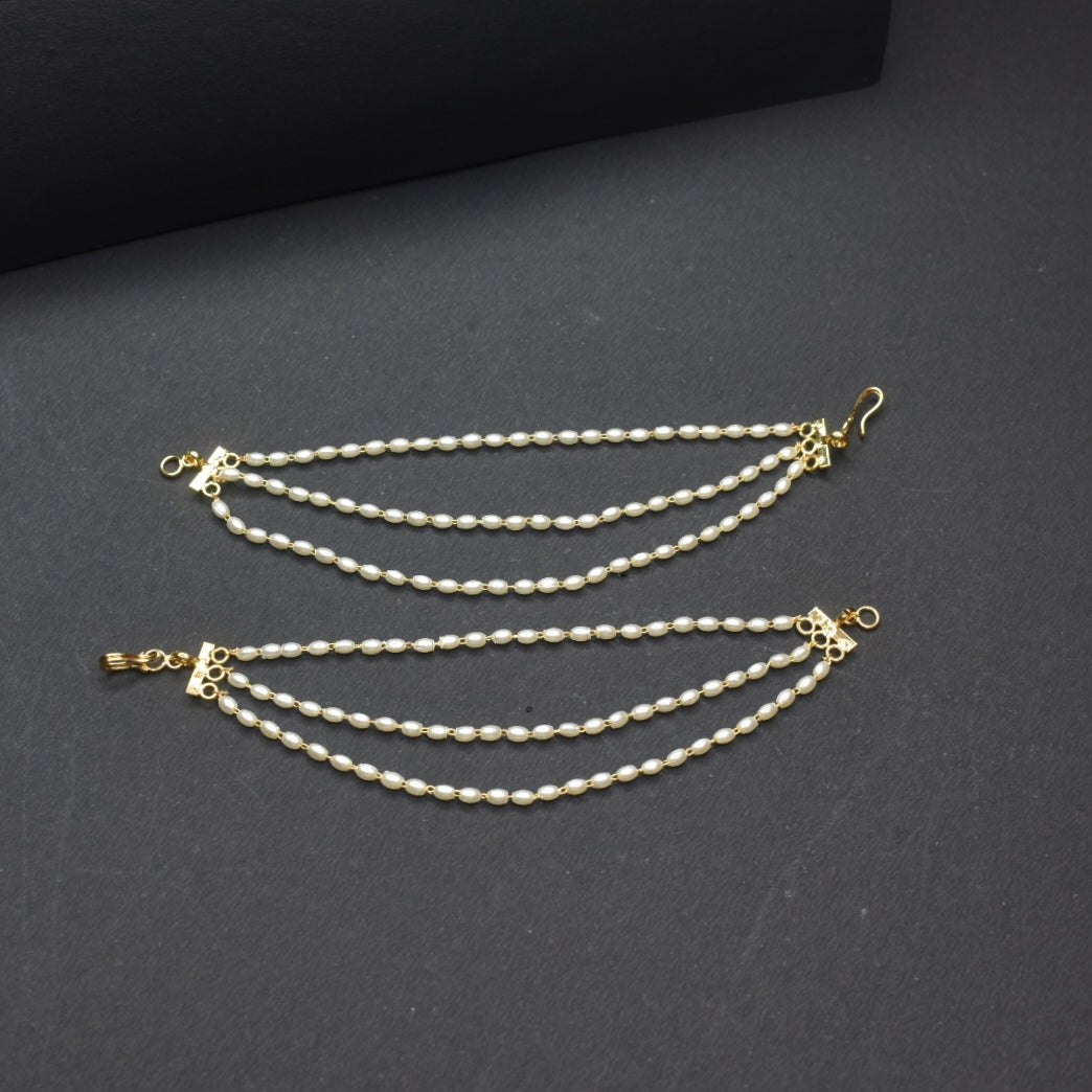 24K Gold Plated Rice Pearl Ear Chain Set - 3 & 5 Line Variants